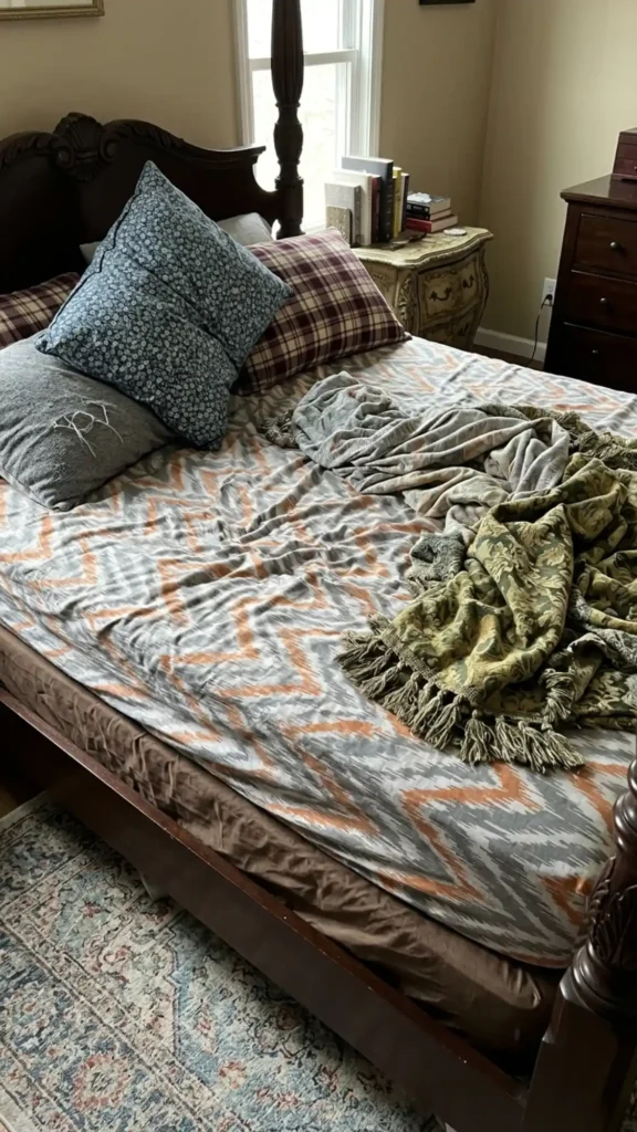 Cluttered-Mismatched-Patterned-Unfinished-Bedding-Design