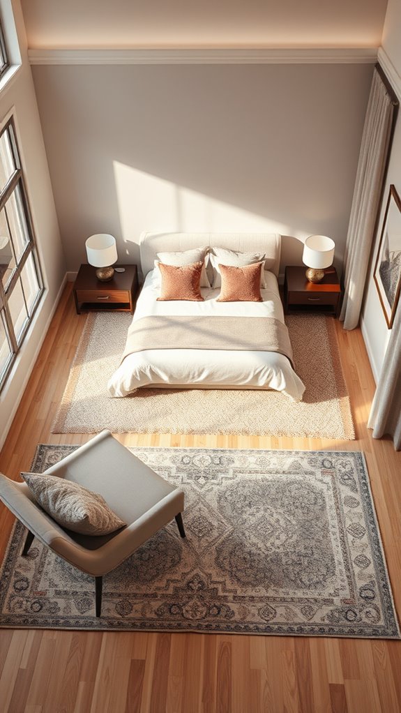 area rugs define small bedroom zones