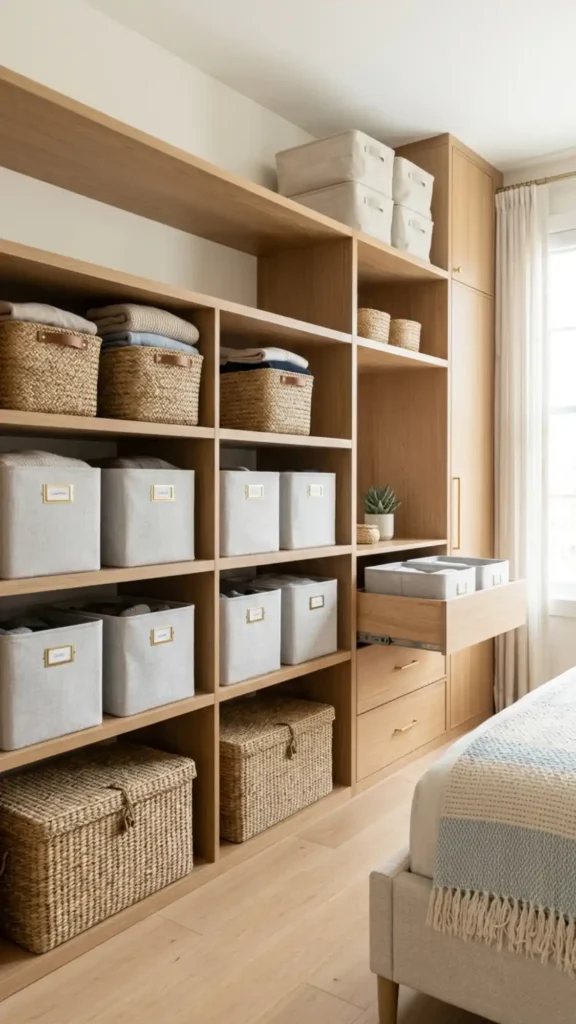 baskets and bins organize bedroom clutter