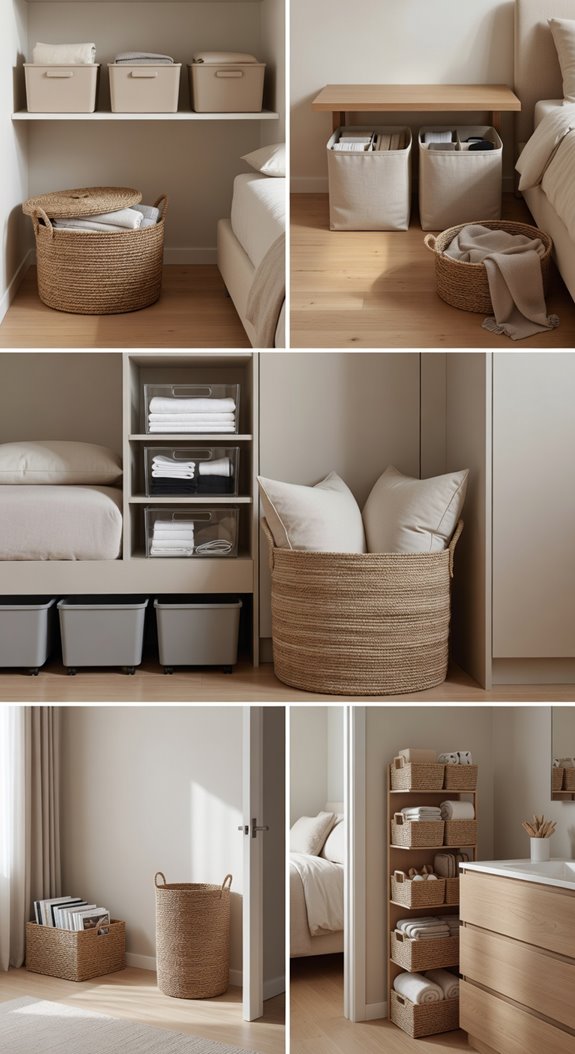 baskets and bins organize bedroom clutter