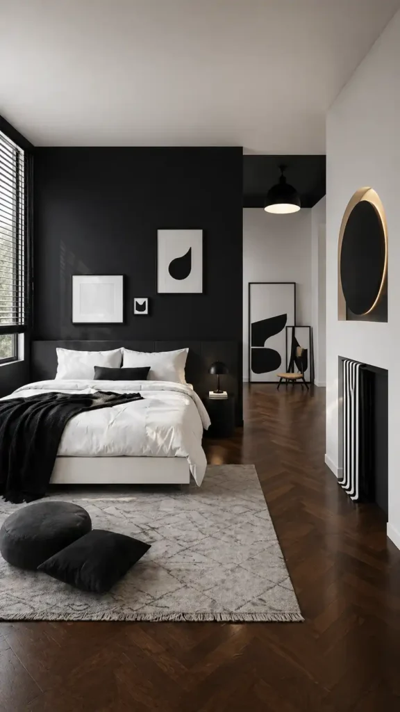 black and cream bedroom contrast textures