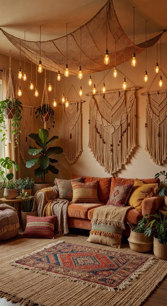 boho ceiling with macram and lights