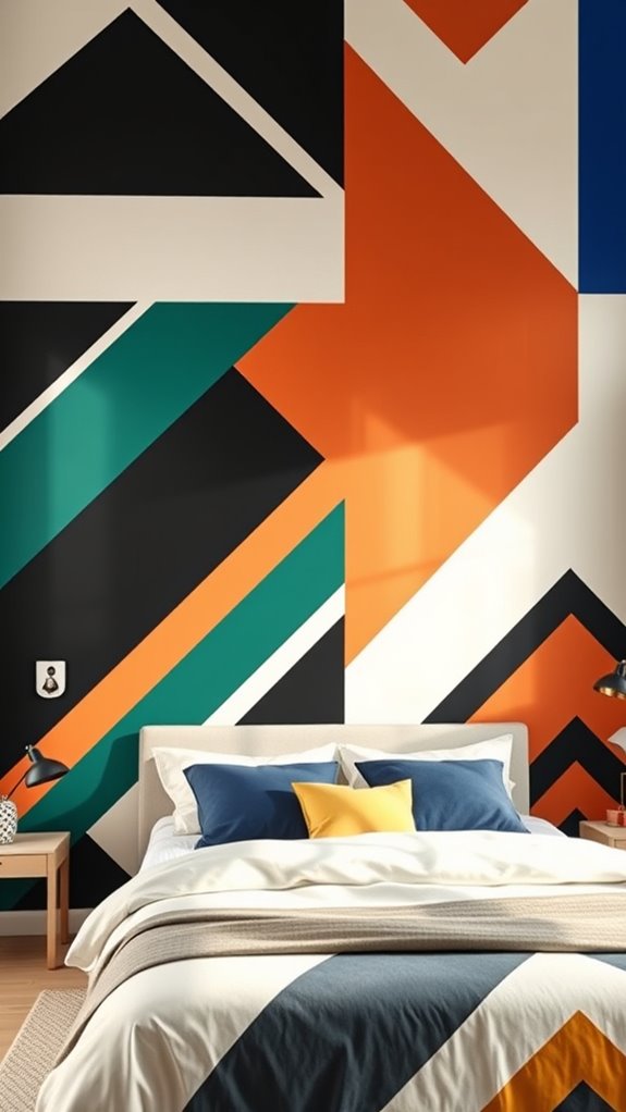 bold geometric patterns on navy white wall