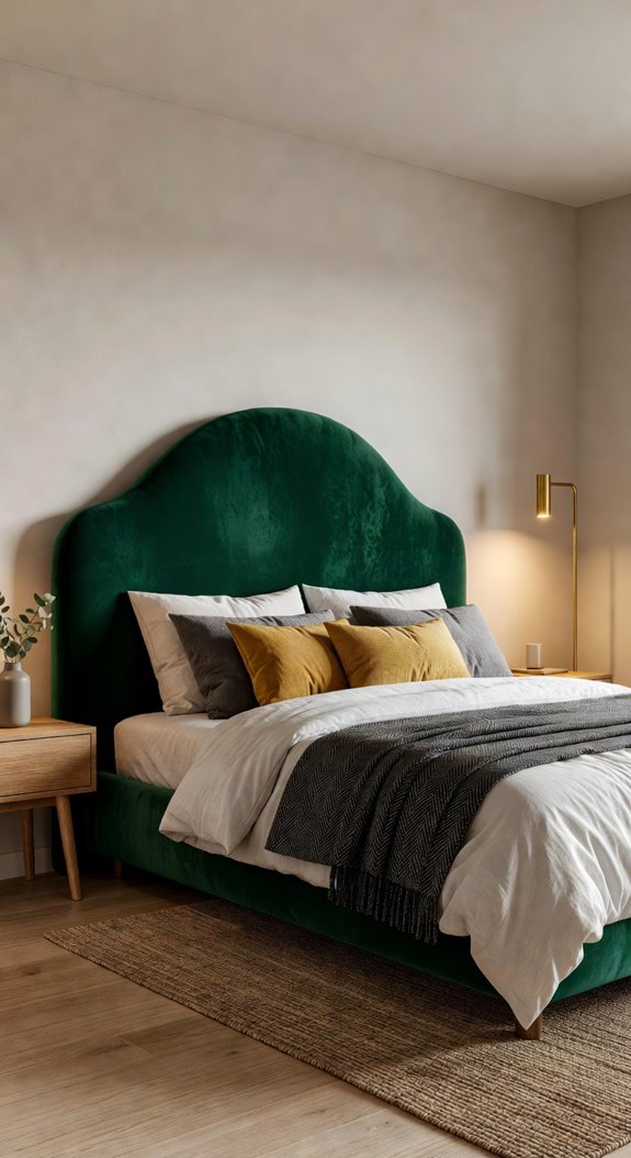 bold velvet headboard layered linens