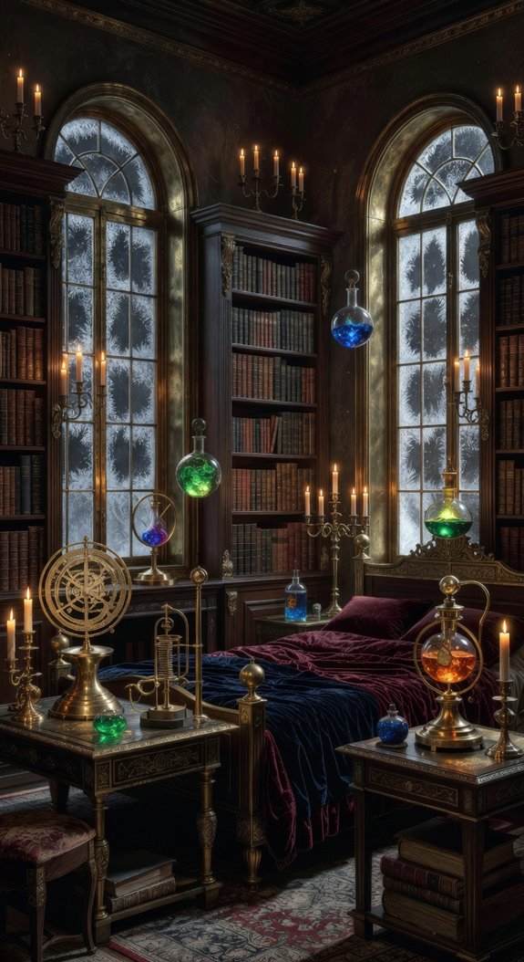 brass leather arcane study ambiance