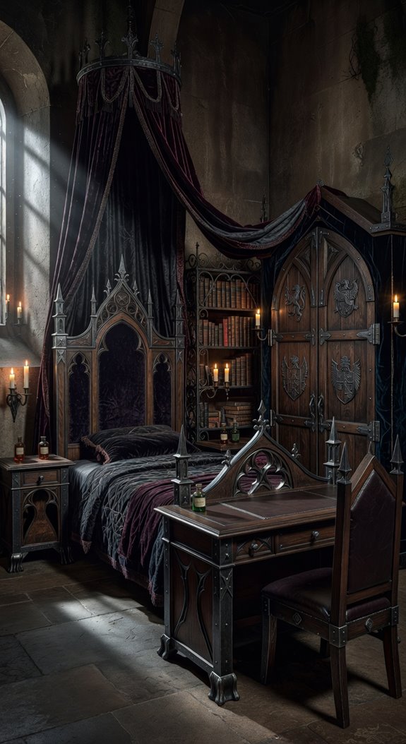 canopy bed dark wood and velvet chair