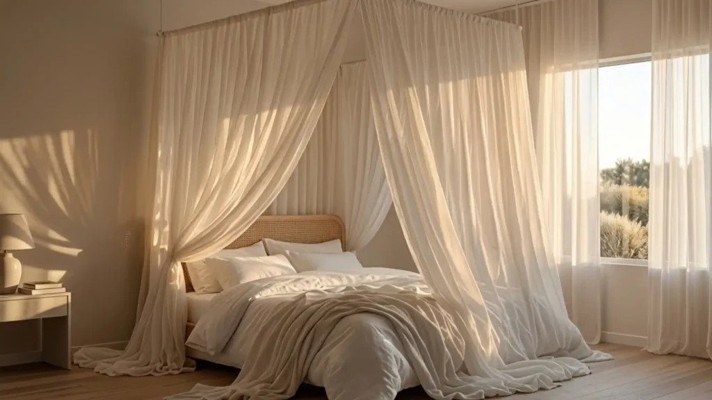 ceiling canopy curtains framing bed