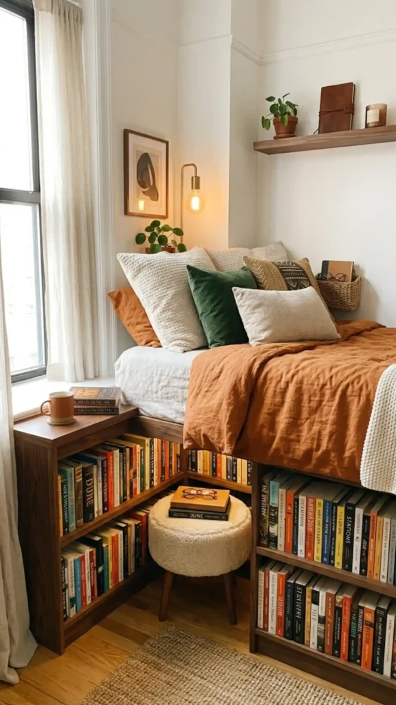 corner bed slim shelf stacked pillows
