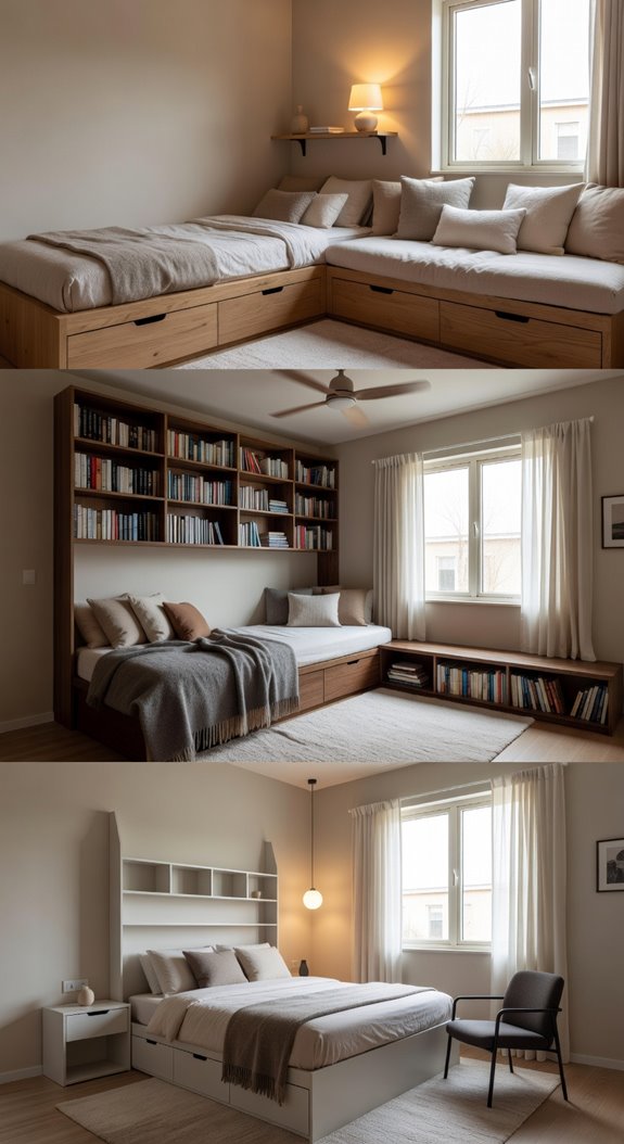 corner bed slim shelf stacked pillows