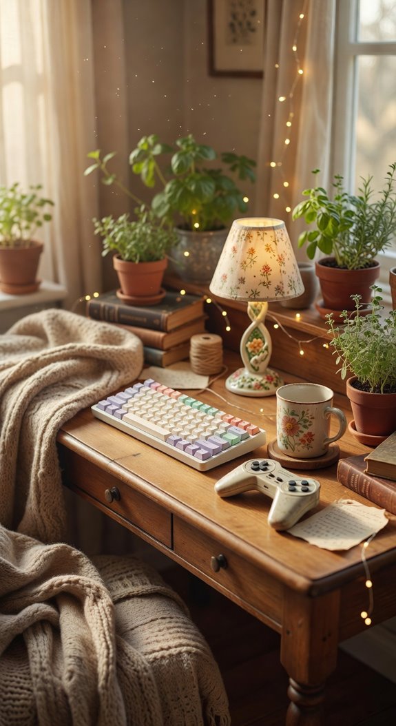 cottagecore gaming desk setup