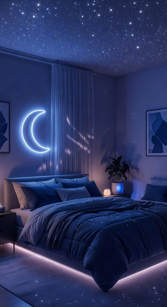 crescent moon neon above bed