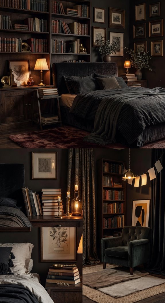 dark library bedroom vignette with brass lamps