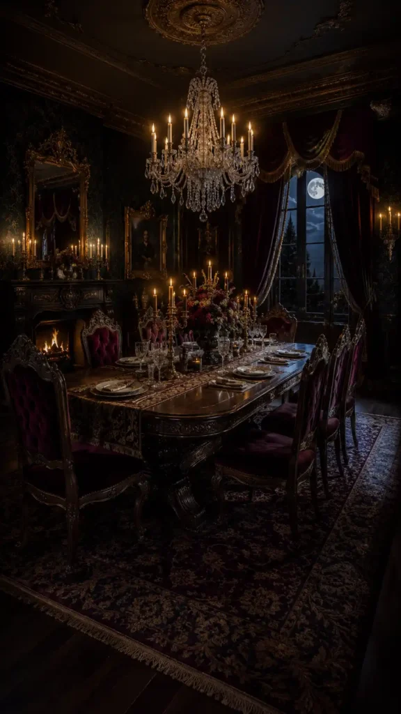dark mahogany jewel walls velvet chairs