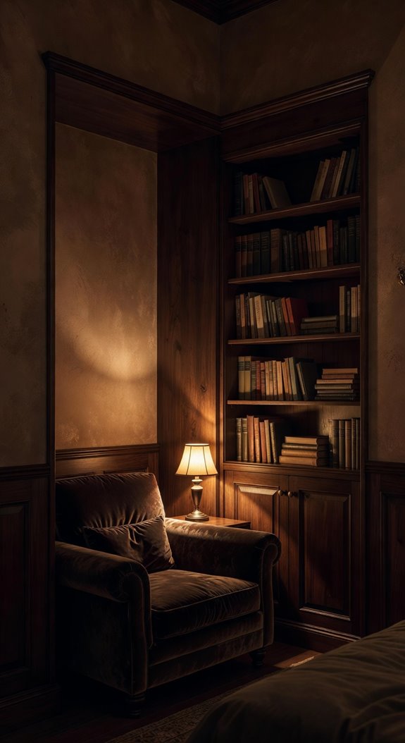 dark mahogany shelves velvet reading nook