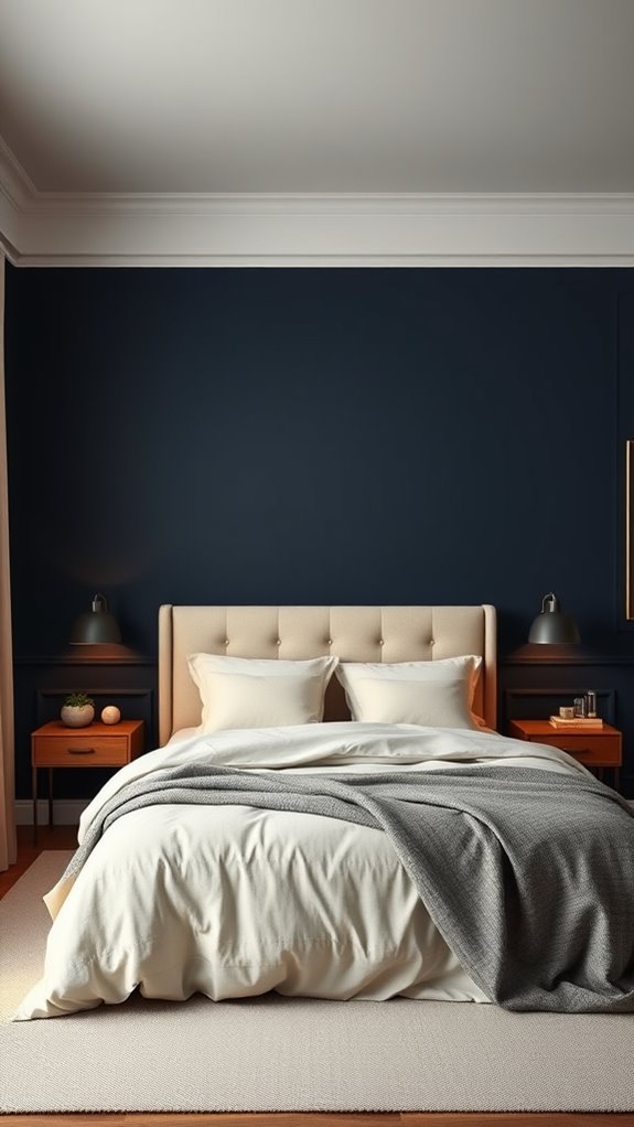 dark navy calming sophisticated bedroom