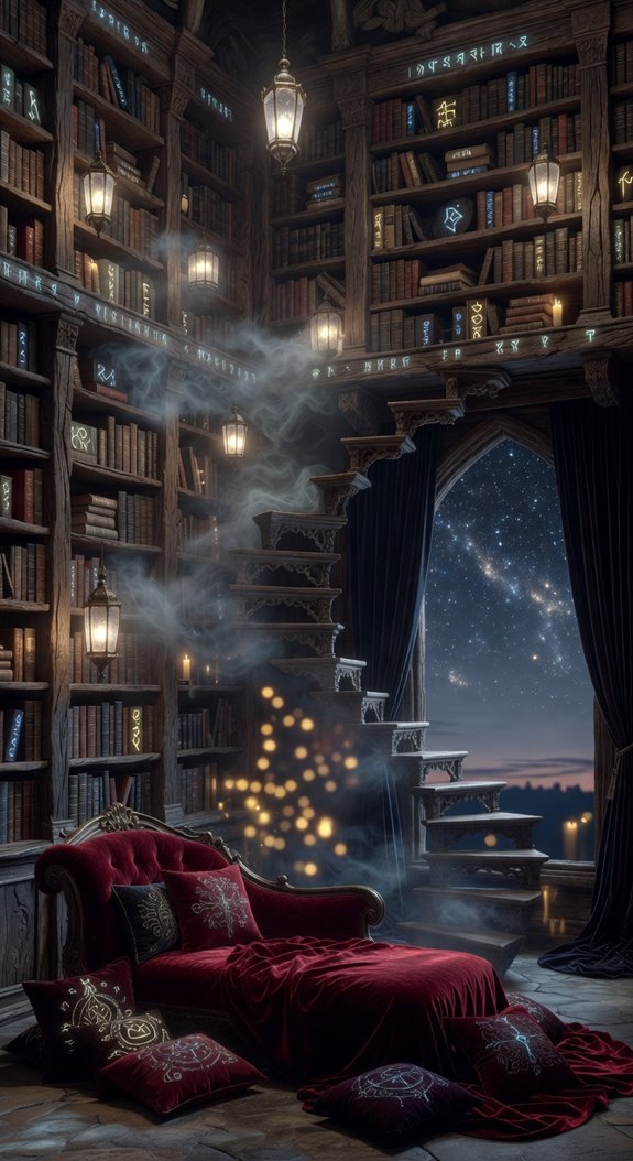 dim amber lit library nook ambience