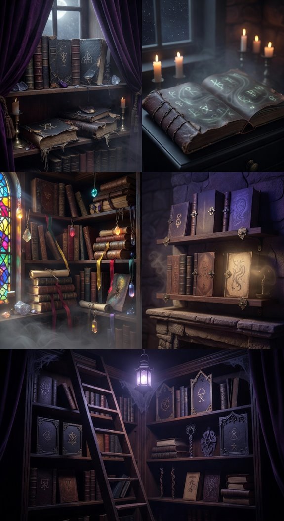 dimly lit arcane bookshelf ambiance