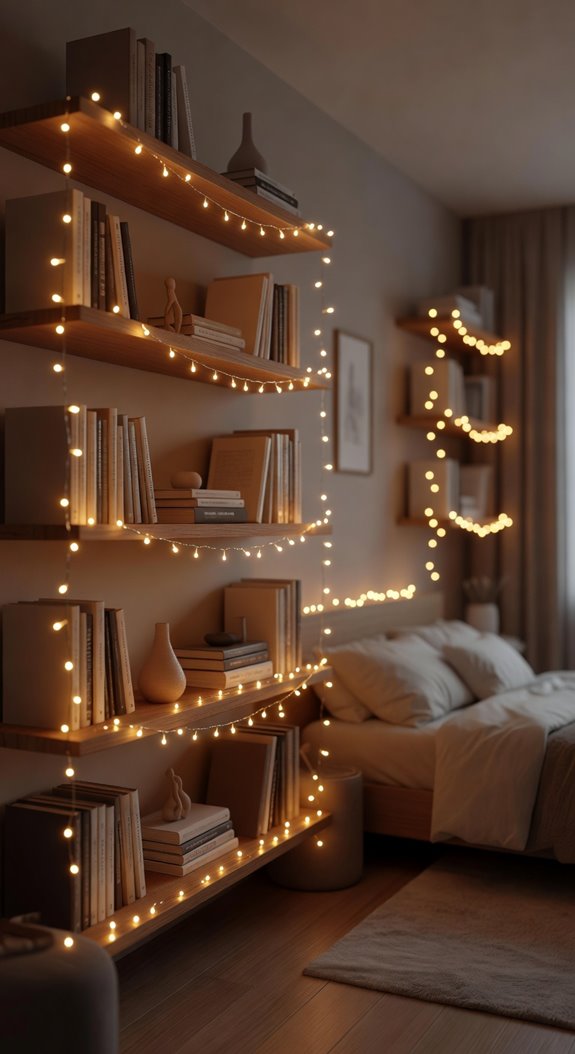 fairy lights on bedroom shelves