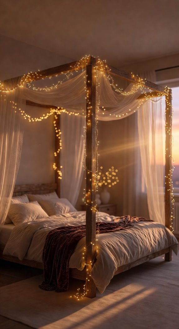 fairy lights on canopy bed