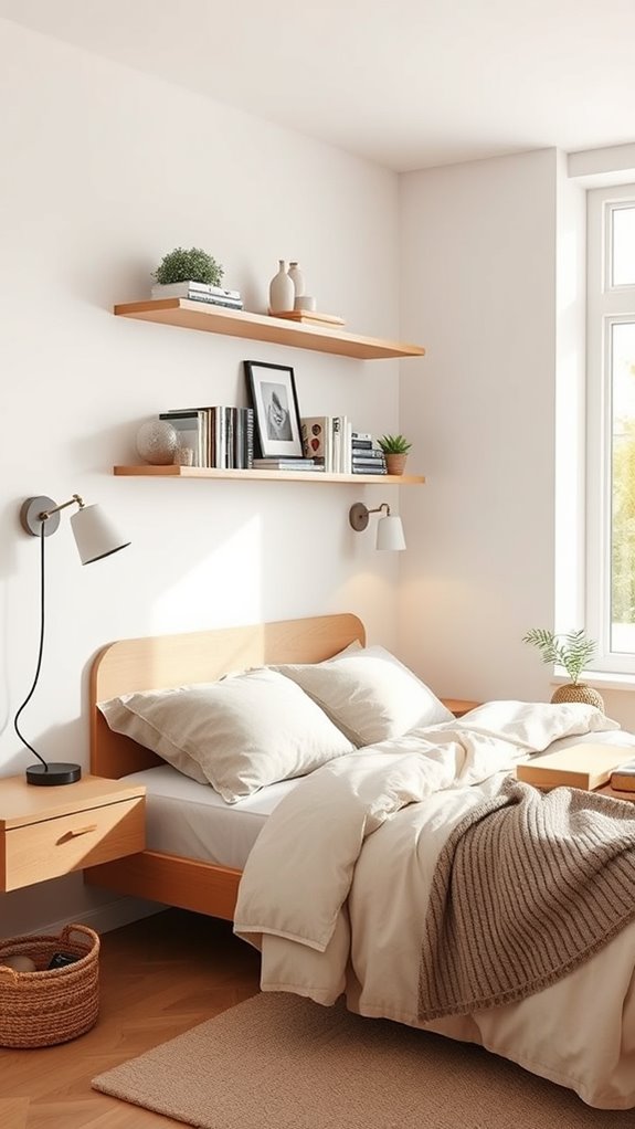 floating shelves above bed stylish and safe