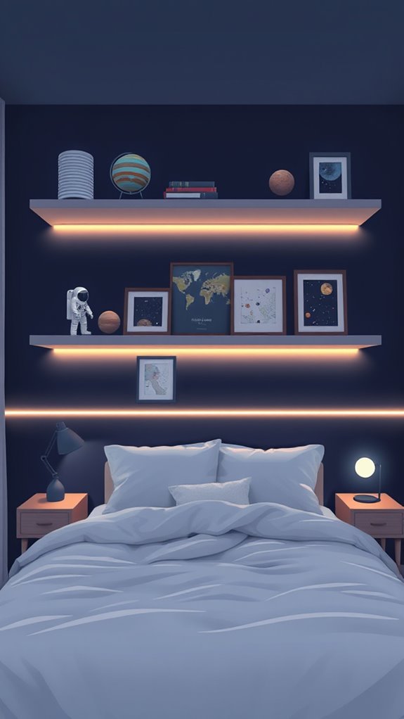 floating shelves display space memorabilia precisely