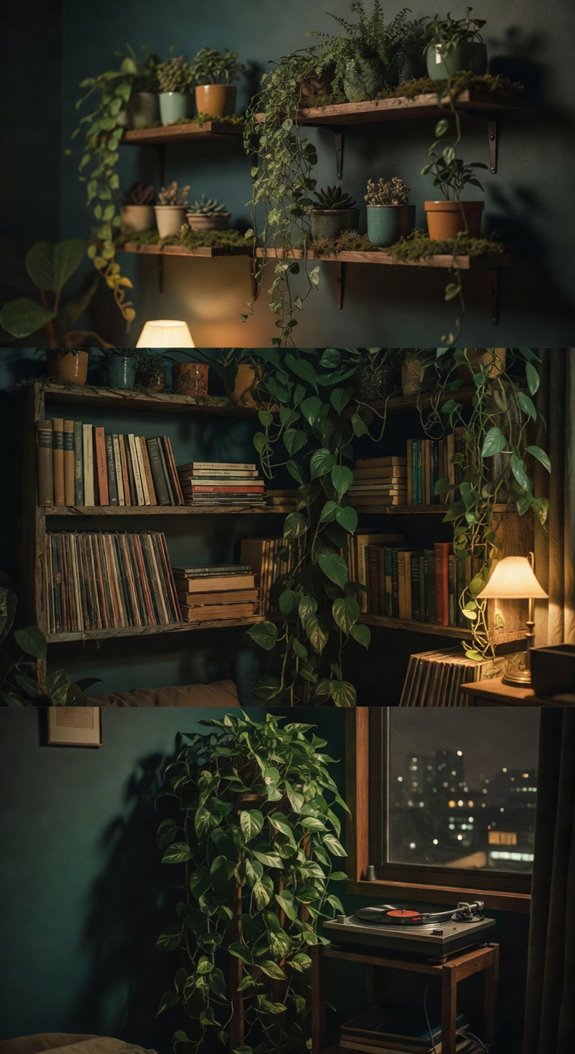 floating shelves with cascading greenery