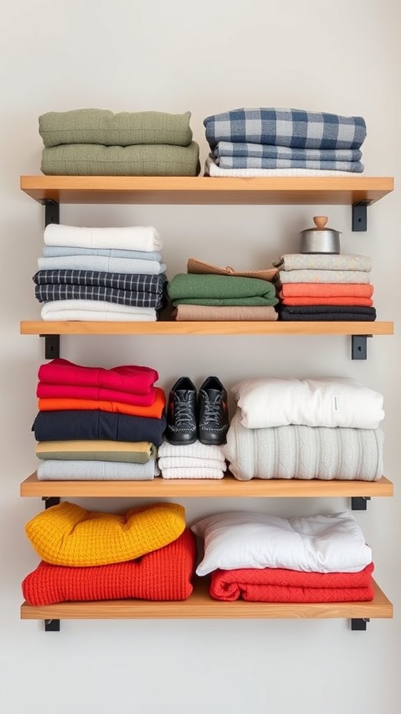 floating shelves with knit stacks