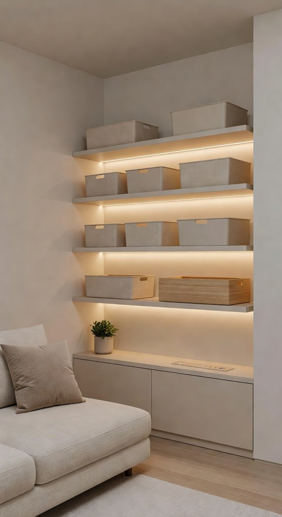 floating shelves with labeled baskets