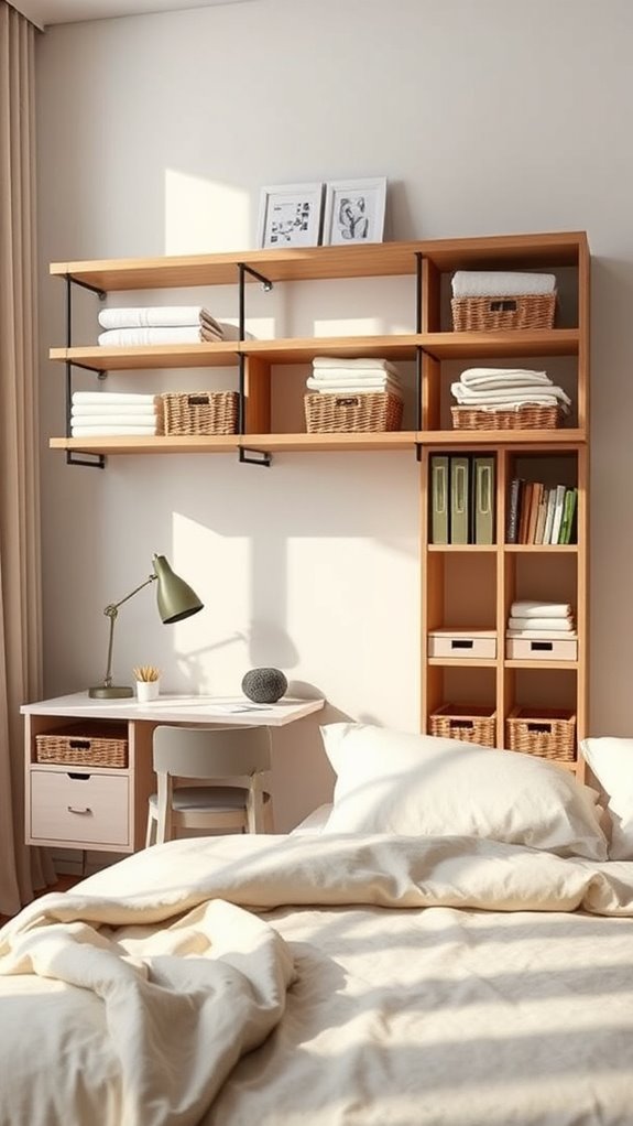 floating shelves with warm oak finish