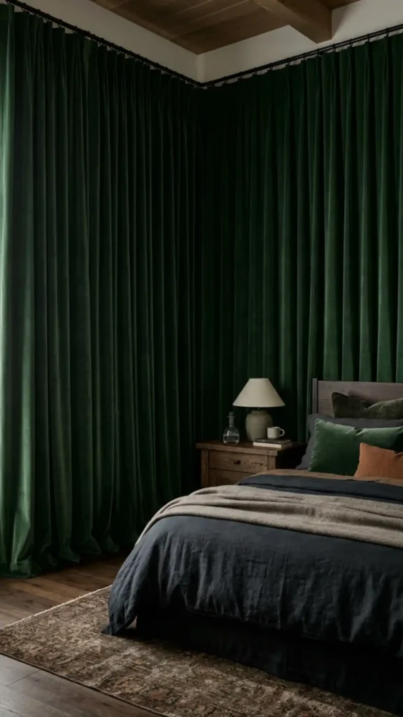 floor to ceiling cocooning curtains in green forest