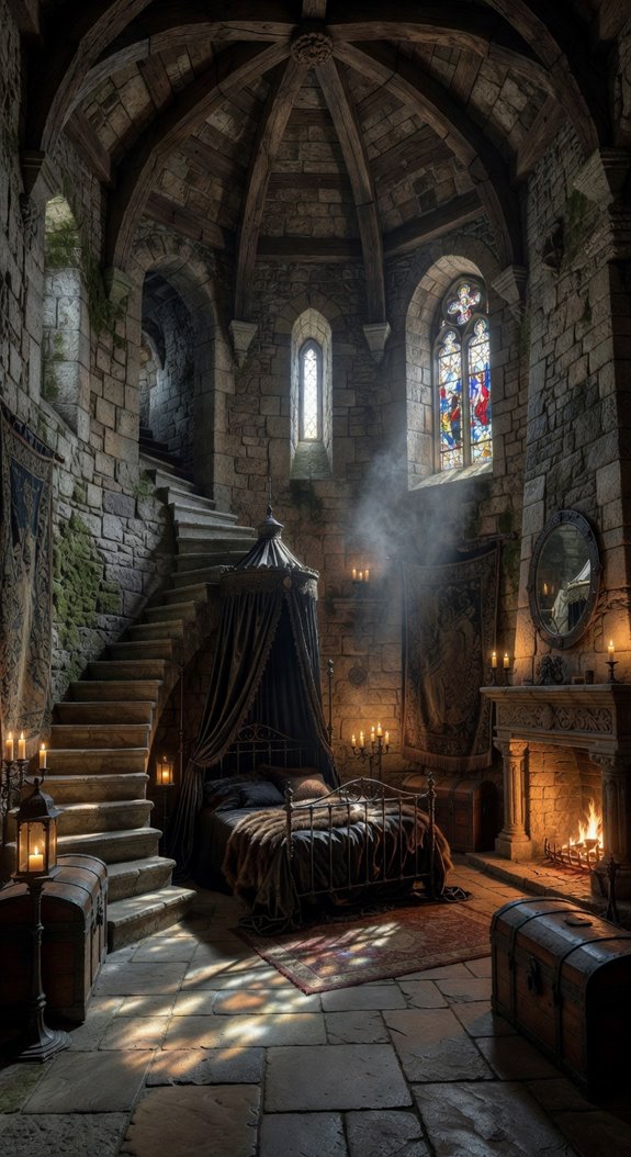 four poster bed stone walls arches