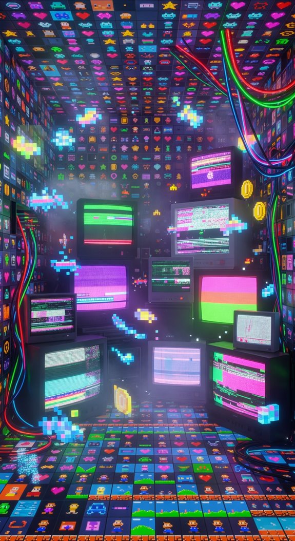 glitchy pixelated neon interiors