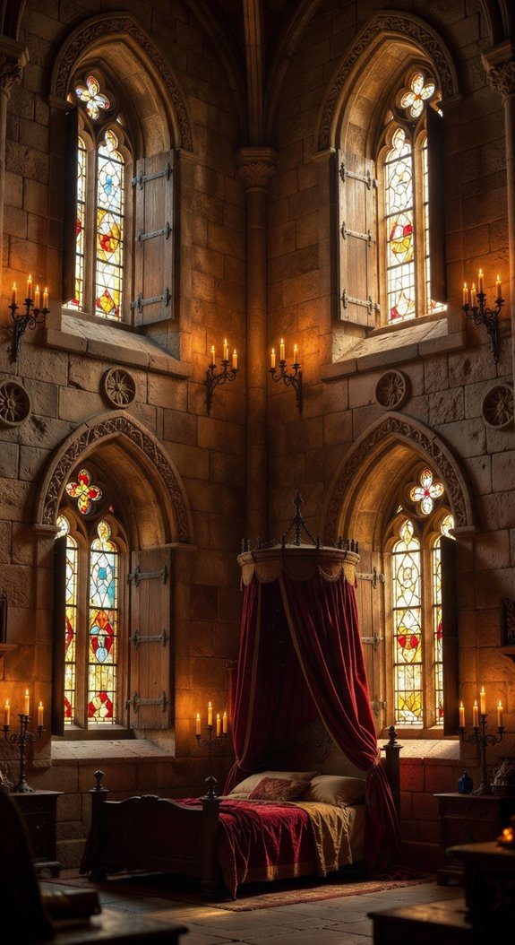 gothic arch stone lit bedroom