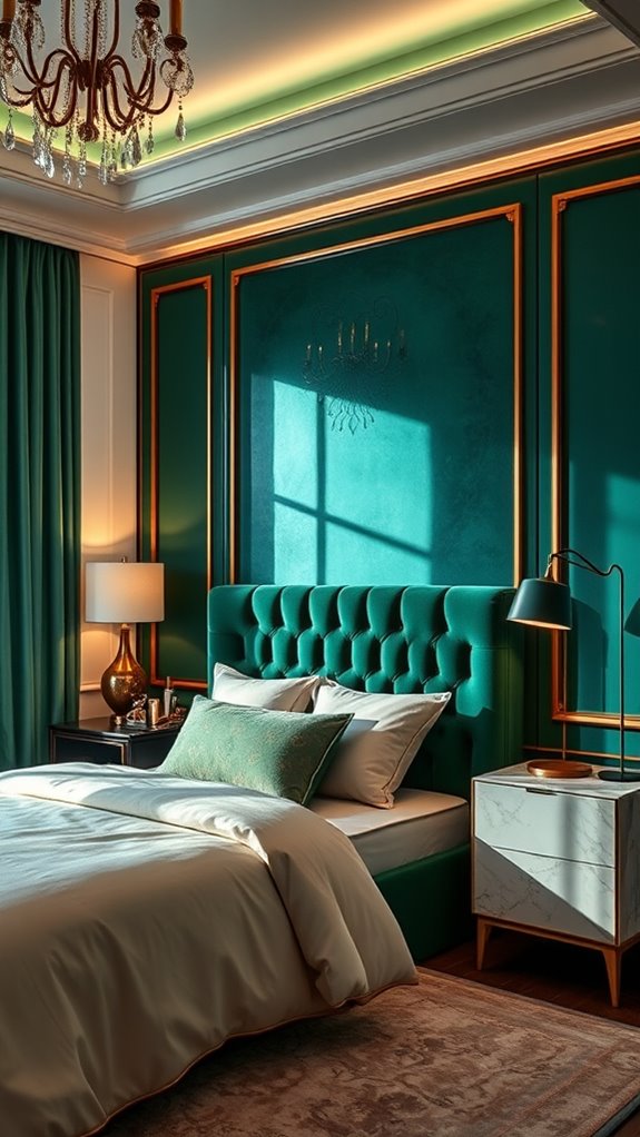 jade green luxurious bedroom ambience