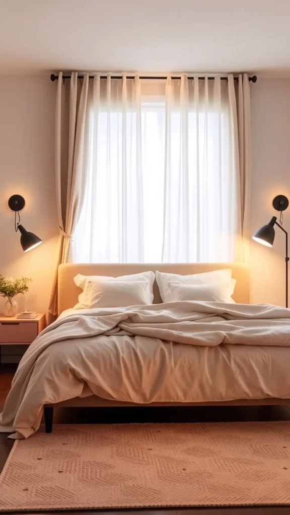 layered lighting around bed