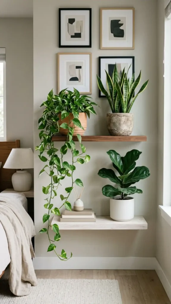 living plants enhance neutral gallery wall