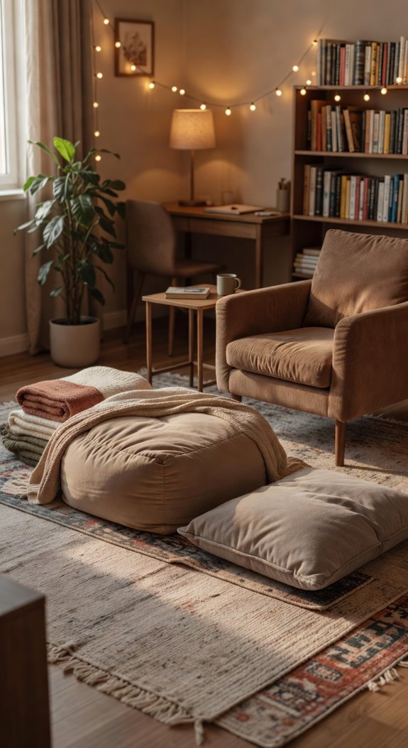 low pile rug defines seating zone