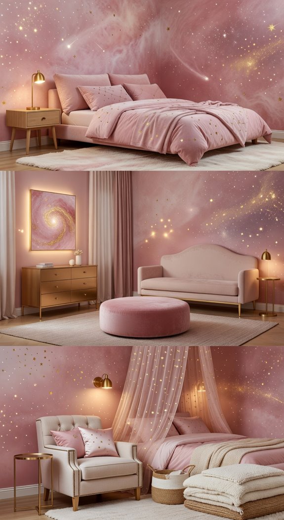 low profile dusty rose bed gold accented charcoal nightstands