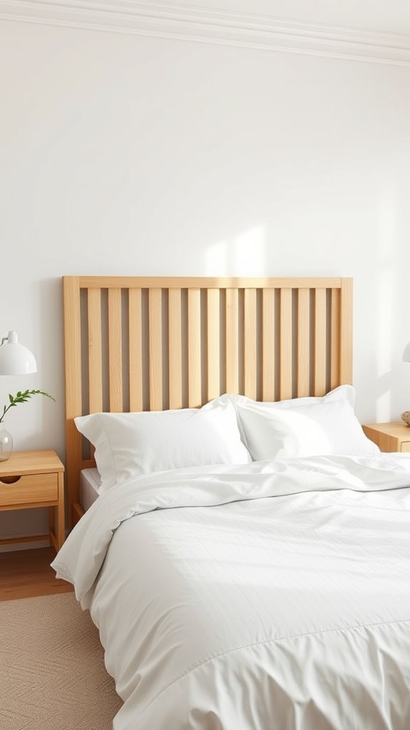 minimalist slatted headboard bedroom vignette