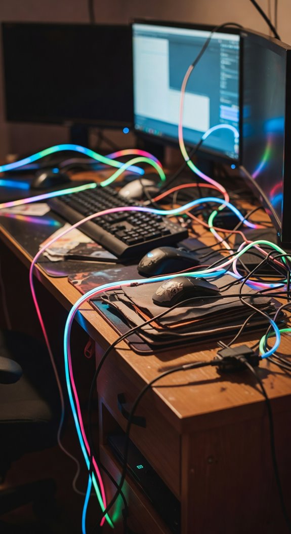 mismatched color cluttered desk