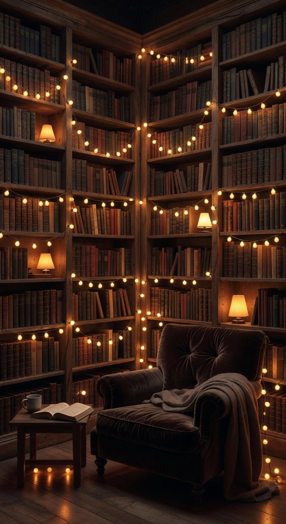moody library with amber layers