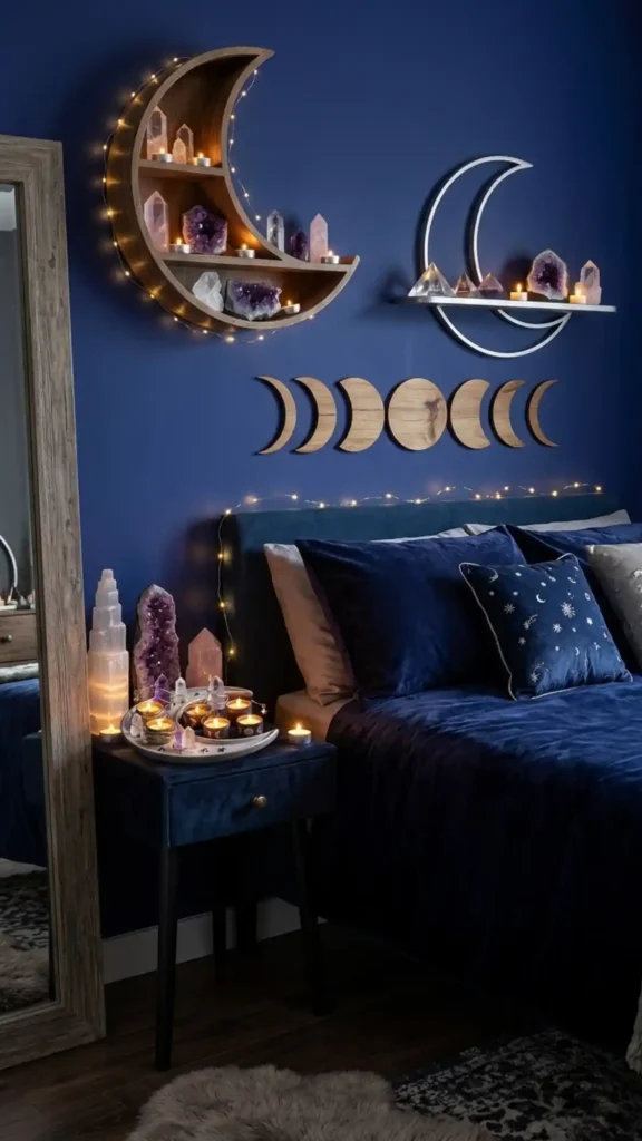 moon shelf with crystals and candles