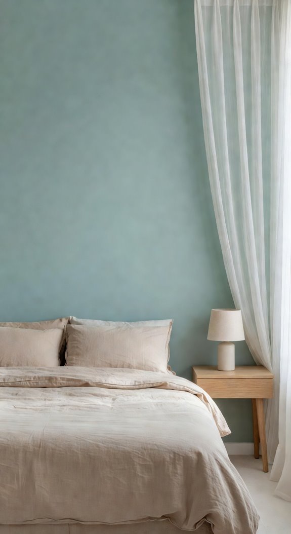 muted teal linen calm bedroom