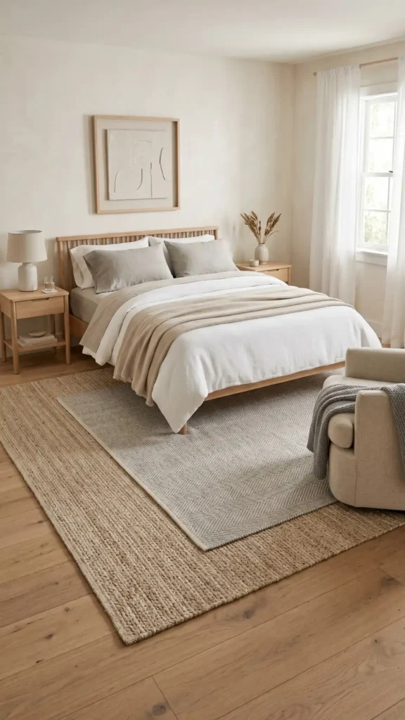 neutral bedroom rug layering for cohesion