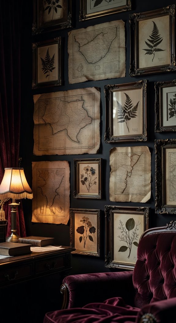 old maps botanical prints displayed