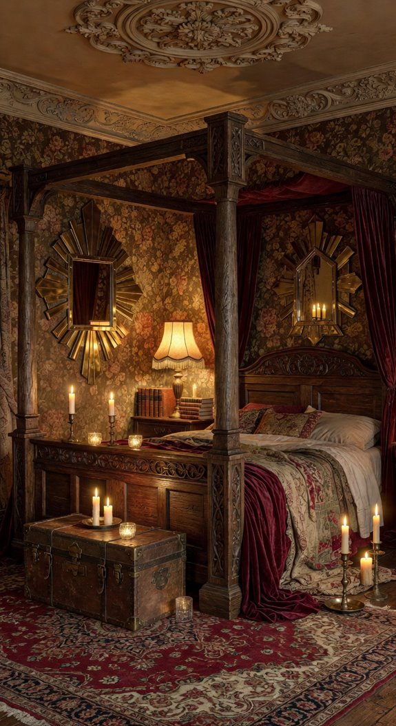 ornate mahogany bed emerald hues
