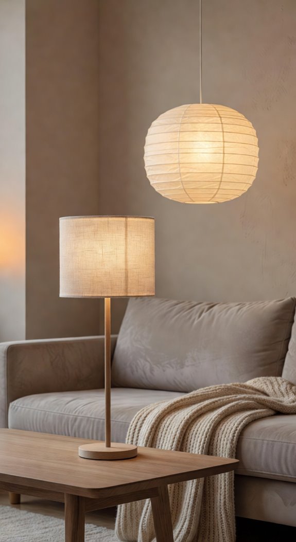 paper and fabric shades diffuse overhead light