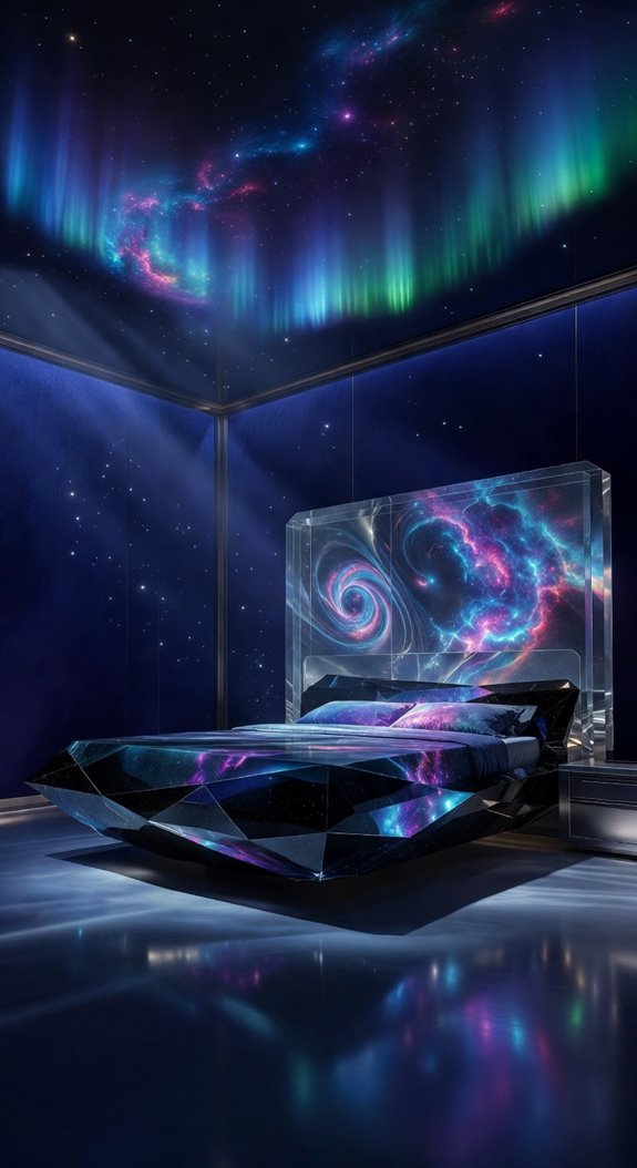 platform bed with led lit velvet pod