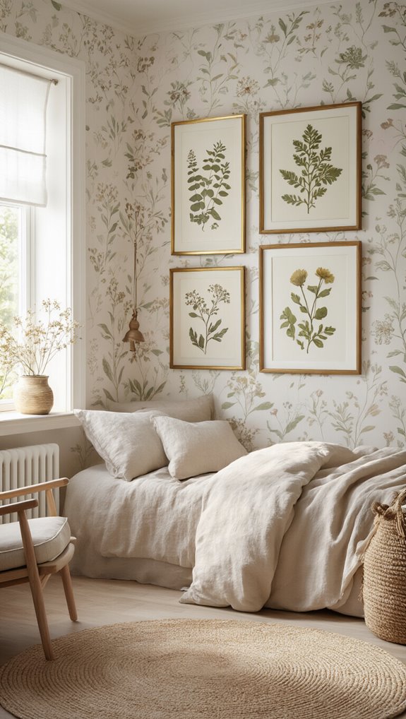 pressed botanical prints with mismatched gilded frames