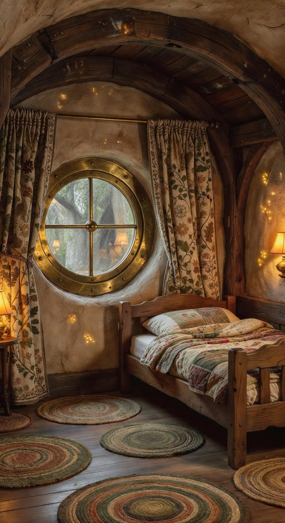 round hobbit windows with warm glow
